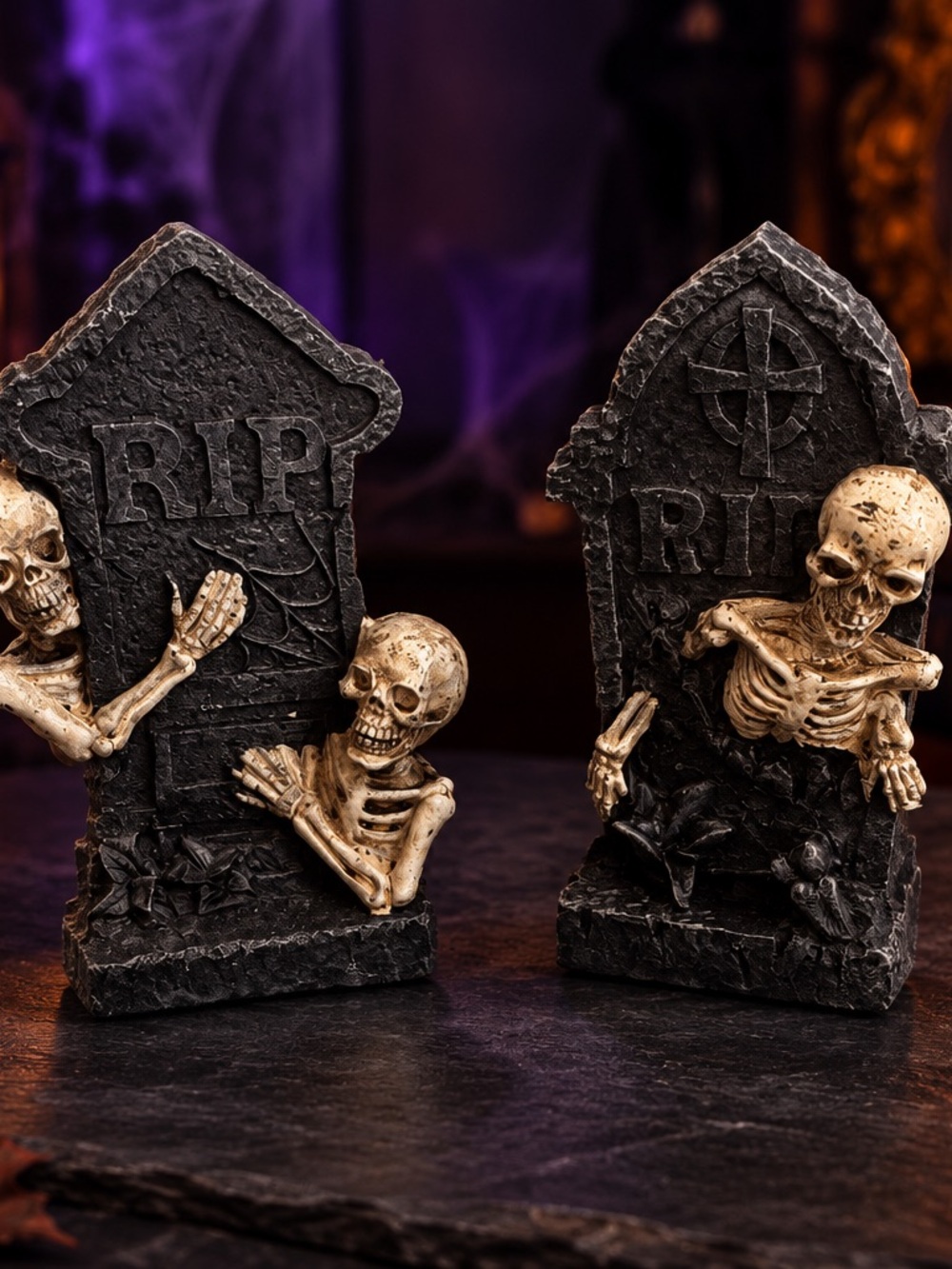 Skeleton Tombstone Pair Halloween Décor - Black and Bone